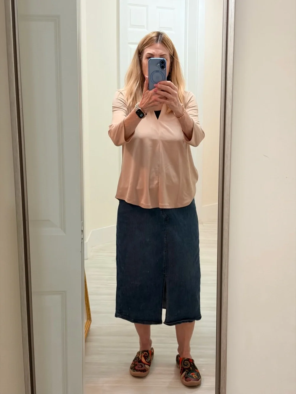Canon Dark Blue Denim Midi Skirt with Front Slit - Picture 3 of 7